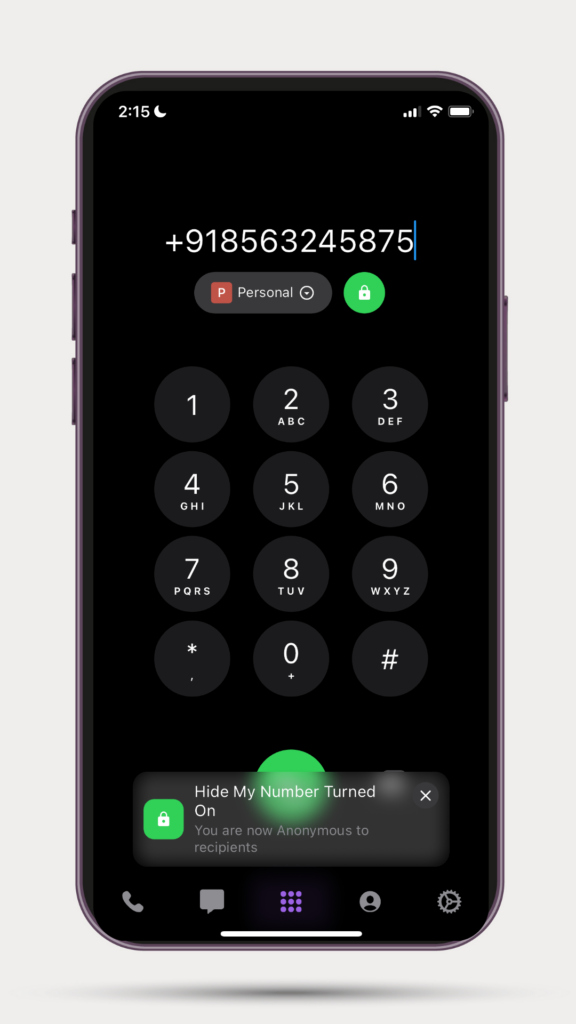Hide My Number” feature interface showing a small lock icon enabled to keep your personal number hidden from unknown callers.